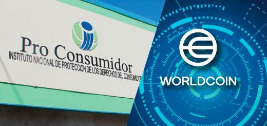 Ilustración fachada de Pro Consumidor y logo empresa Worldcoin